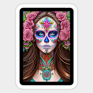 Sugar Skull Art - Colorful Woman in Sugar Skull Makeup Sticker